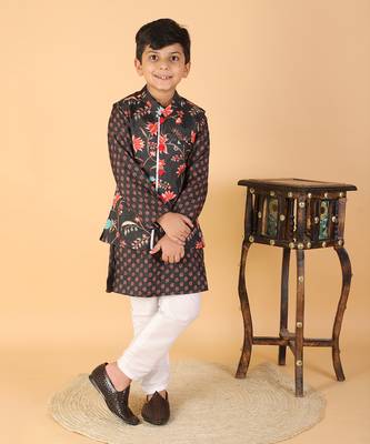 Sweet Cherry Printed Black Kurta With Floral Jacket And Pyjama 1