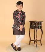 Sweet Cherry Printed Black Kurta With Floral Jacket And Pyjama