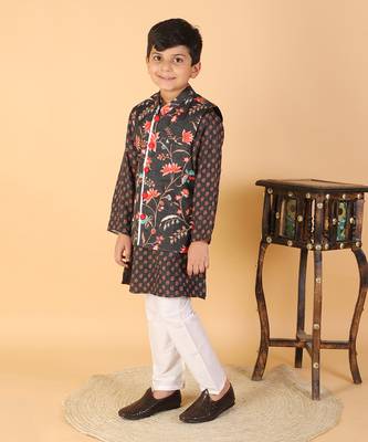 Sweet Cherry Printed Black Kurta With Floral Jacket And Pyjama 2