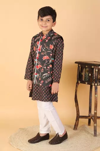 Sweet Cherry Printed Black Kurta With Floral Jacket And Pyjama