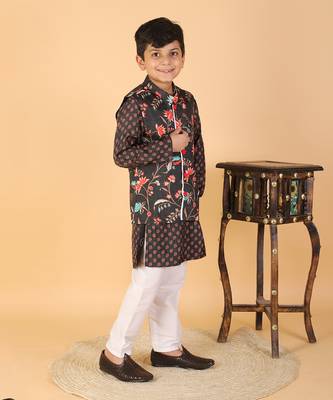 Sweet Cherry Printed Black Kurta With Floral Jacket And Pyjama 3