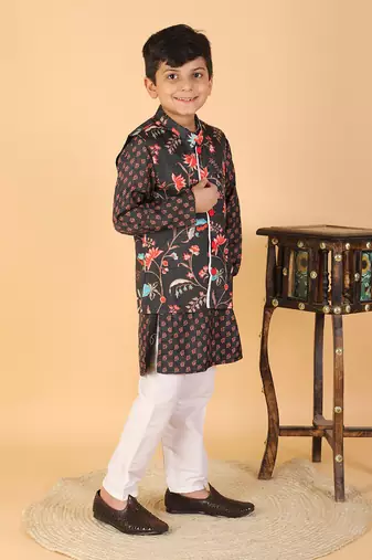 Sweet Cherry Printed Black Kurta With Floral Jacket And Pyjama