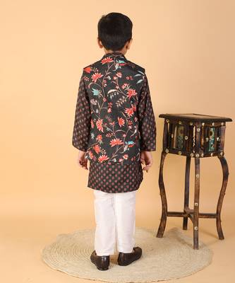 Sweet Cherry Printed Black Kurta With Floral Jacket And Pyjama 4