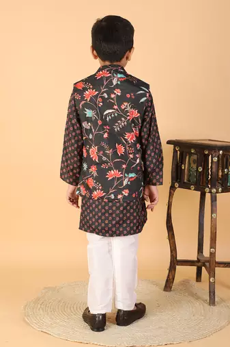 Sweet Cherry Printed Black Kurta With Floral Jacket And Pyjama