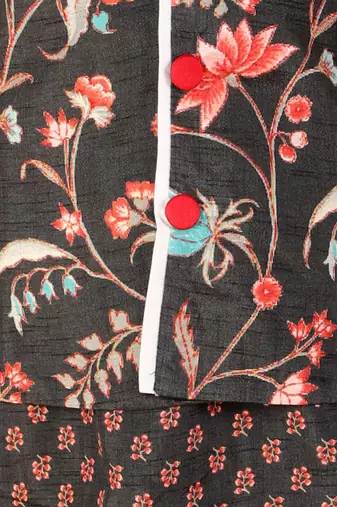 Sweet Cherry Printed Black Kurta With Floral Jacket And Pyjama