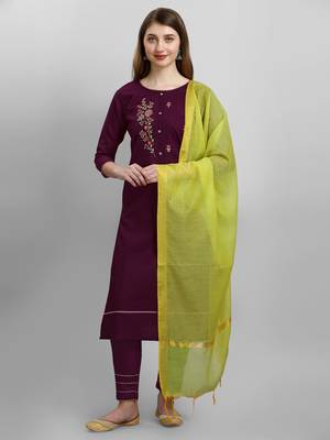 Wine embroidered cotton Kurta Pant With Dupatta 1