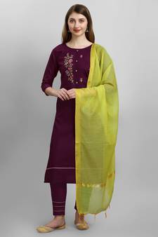 Wine embroidered cotton Kurta Pant With Dupatta
