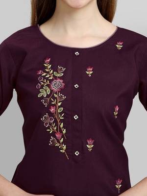 Wine embroidered cotton Kurta Pant With Dupatta 2