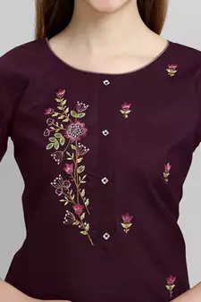 Wine embroidered cotton Kurta Pant With Dupatta