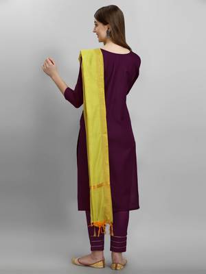 Wine embroidered cotton Kurta Pant With Dupatta 3