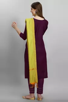 Wine embroidered cotton Kurta Pant With Dupatta