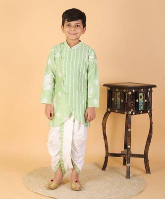 Floral Thread Embroidered Green Kurta And Dhoti 1