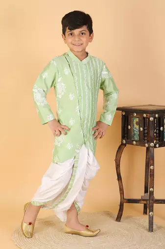 Floral Thread Embroidered Green Kurta And Dhoti