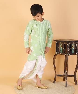 Floral Thread Embroidered Green Kurta And Dhoti 3
