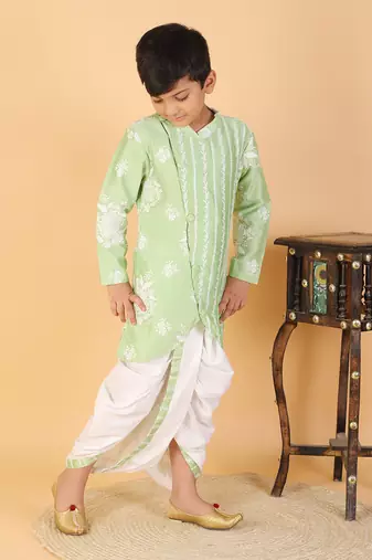 Floral Thread Embroidered Green Kurta And Dhoti