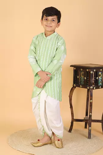 Floral Thread Embroidered Green Kurta And Dhoti