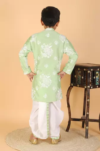 Floral Thread Embroidered Green Kurta And Dhoti