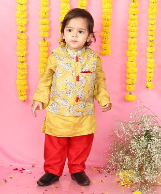 Yellow Kurta With Off White Floral Jacket And Pyjama 1
