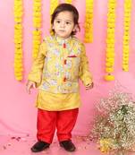 Yellow Kurta With Off White Floral Jacket And Pyjama