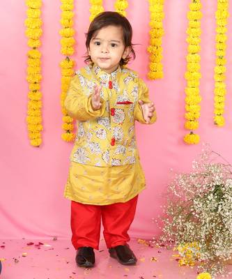 Yellow Kurta With Off White Floral Jacket And Pyjama 2