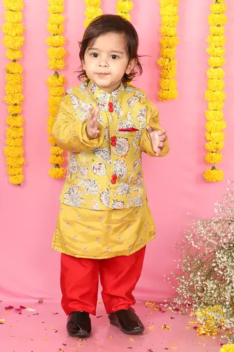 Yellow Kurta With Off White Floral Jacket And Pyjama