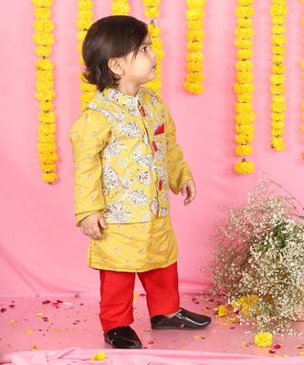 Yellow Kurta With Off White Floral Jacket And Pyjama 4