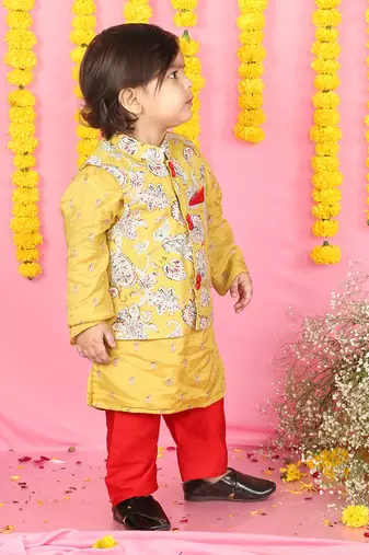 Yellow Kurta With Off White Floral Jacket And Pyjama