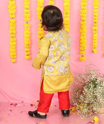 Yellow Kurta With Off White Floral Jacket And Pyjama 5