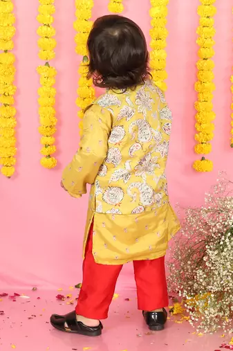 Yellow Kurta With Off White Floral Jacket And Pyjama