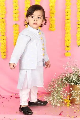 Tiny Floral Thread Work Jacket With Kurta And Pyjama