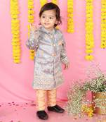 Sherwani Style Embroidered Kurta With Orange Chudidar