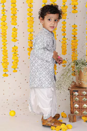 Floral Thread Embroidered Grey Kurta And Dhoti
