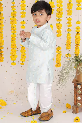 Thread Embroidered Ice Blue Kurta With Dhoti