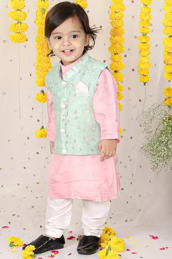 Sequin Work Jacket With Pink Kurta And Pyjama