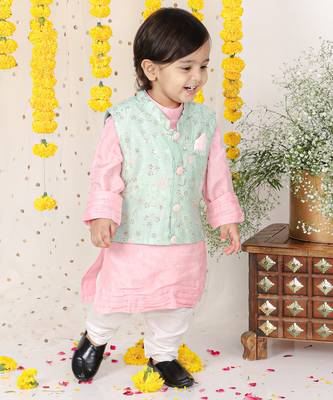 Sequin Work Jacket With Pink Kurta And Pyjama 3