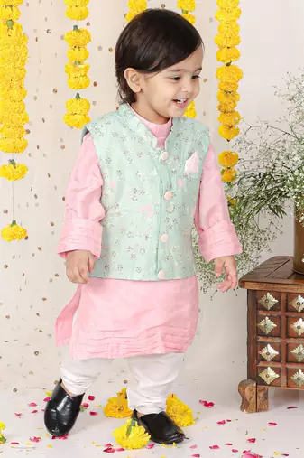 Sequin Work Jacket With Pink Kurta And Pyjama