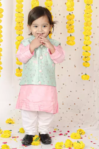 Sequin Work Jacket With Pink Kurta And Pyjama