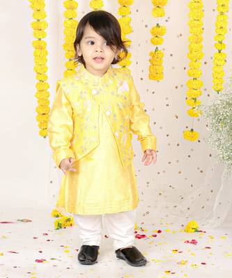 Floral Sequin Work Jacket With Yellow Kurta And Pyjama 1