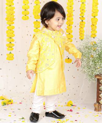 Floral Sequin Work Jacket With Yellow Kurta And Pyjama 2