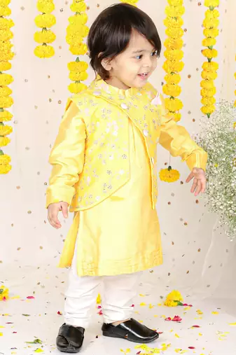 Floral Sequin Work Jacket With Yellow Kurta And Pyjama