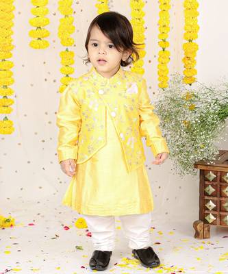 Floral Sequin Work Jacket With Yellow Kurta And Pyjama 3