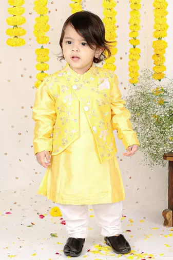 Floral Sequin Work Jacket With Yellow Kurta And Pyjama