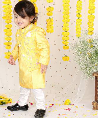 Floral Sequin Work Jacket With Yellow Kurta And Pyjama 4