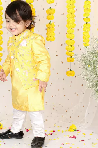 Floral Sequin Work Jacket With Yellow Kurta And Pyjama