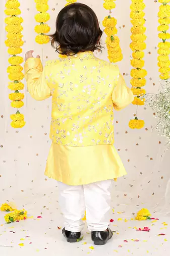 Floral Sequin Work Jacket With Yellow Kurta And Pyjama