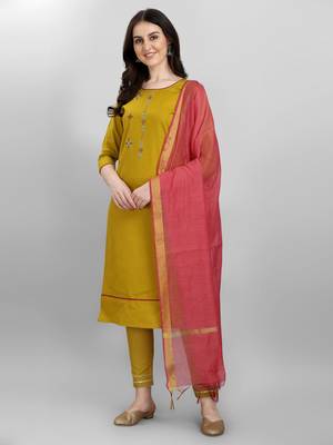 Mustard embroidered cotton Kurta Pant With Dupatta 1