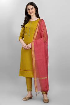 Mustard embroidered cotton Kurta Pant With Dupatta