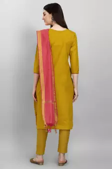Mustard embroidered cotton Kurta Pant With Dupatta