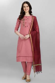 Light-pink embroidered cotton Kurta Pant With Dupatta