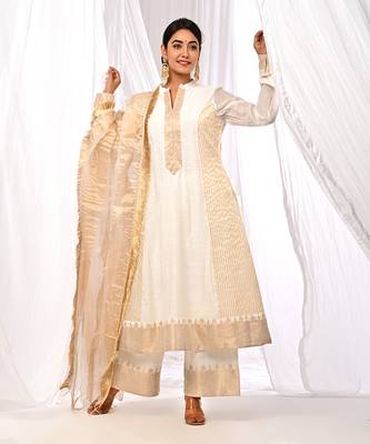 Off White Pure Chanderi  A Line Kurta Sets 4